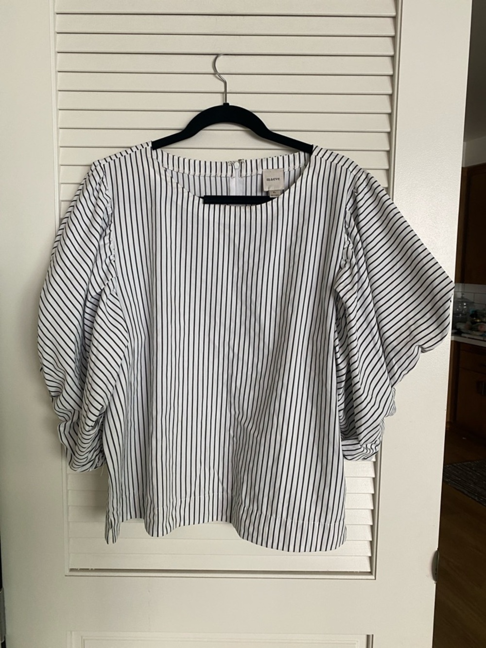 Maeve White Blouse with Black Pinstripes and Puff Sleeves